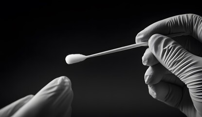 Hand holding a cotton swab for a cylinder swabs test in medical gloves, in a close-up view. A black and white photo of a laboratory environment