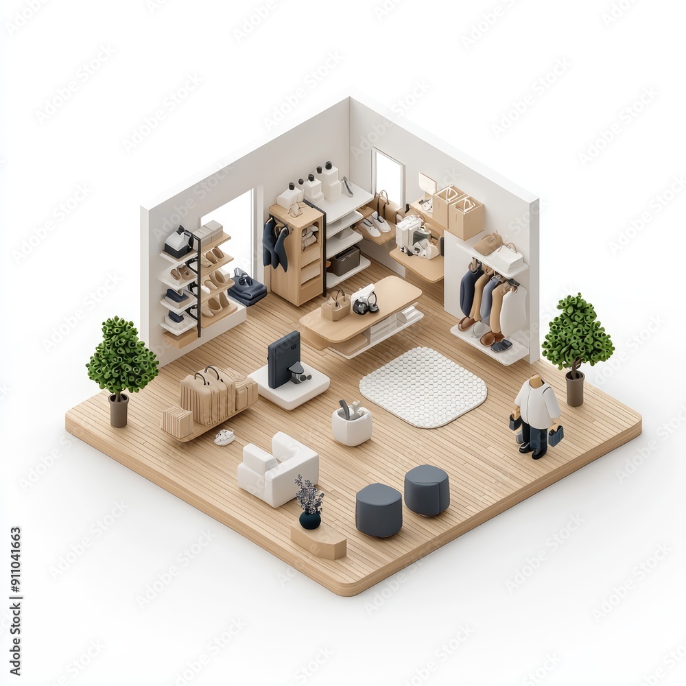 Poster modern isometric store interior with clean lines and minimalist design, 3d render on white backgroun