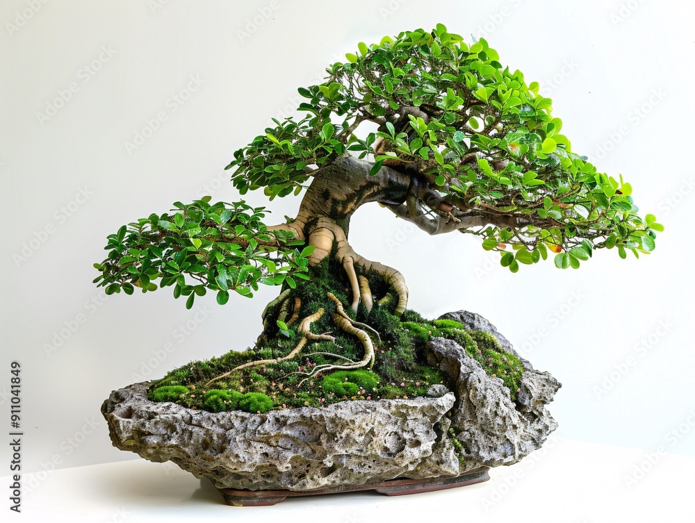 Poster a centered bonsai tree with a root-over-rock shape, displayed on a white background to highlight its