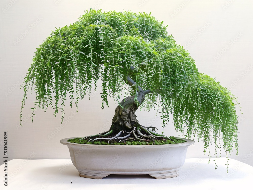 Poster a centered bonsai tree with a weeping shape, showcased on a white background to emphasize its gracef