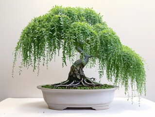 A centered bonsai tree with a weeping shape, showcased on a white background to emphasize its graceful and cascading branches
