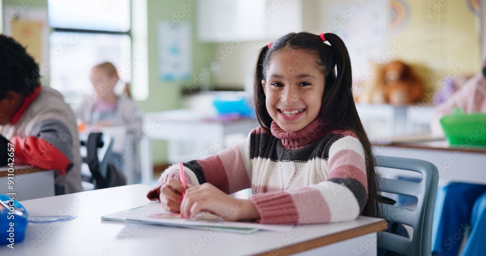 Poster portrait, girl and student in classroom, education and writing with assignment, smile and learning. 
