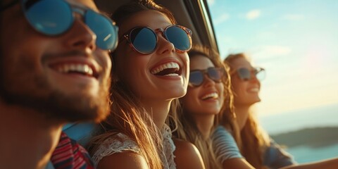 Fototapeta premium Group of friends enjoying good times together, all wearing sunglasses and smiling