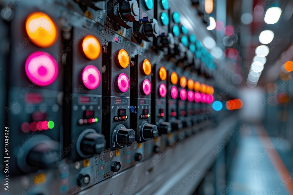 Poster close-up of a machine control panel with illuminated buttons