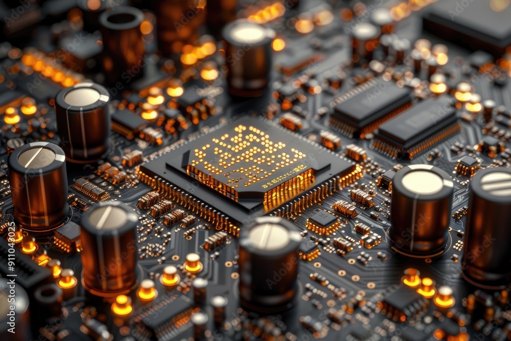 Poster close-up of a glowing computer chip on a circuit board