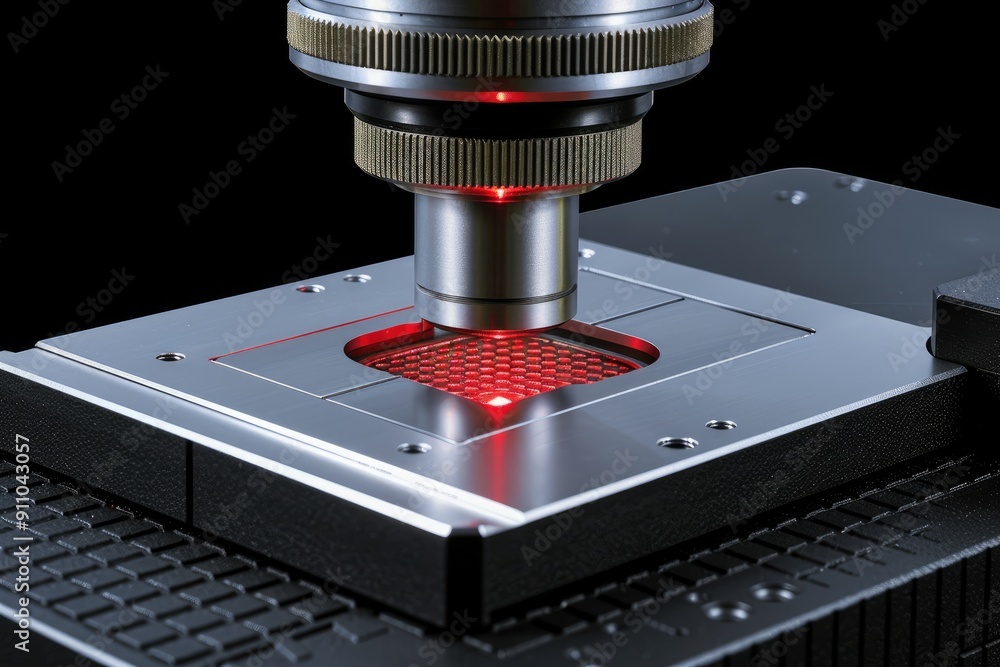 Poster close-up of a machine with a red laser beam focused on a grid