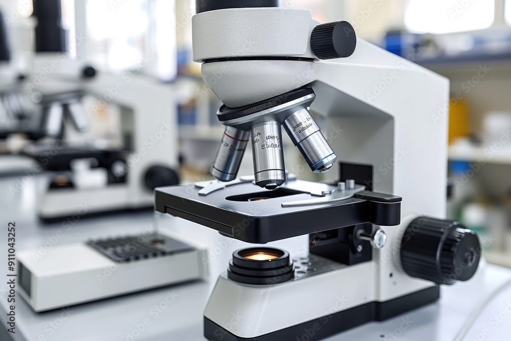 Poster close-up of a modern microscope in a laboratory setting