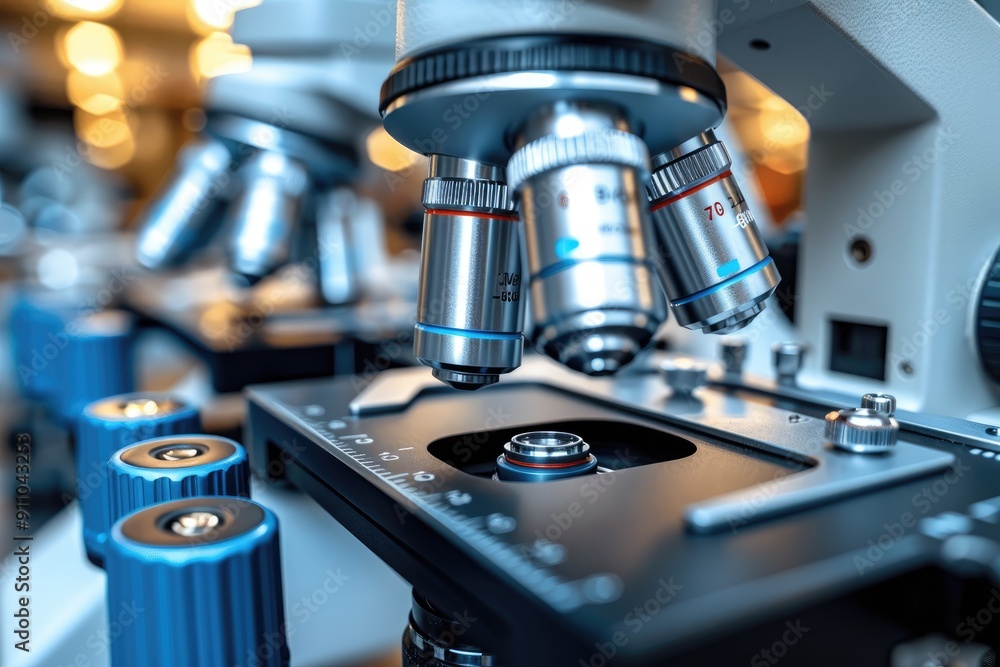 Poster close-up of a microscope with three objective lenses
