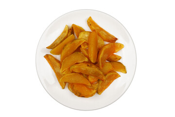 A white plate fried potato wedges isolated transparent