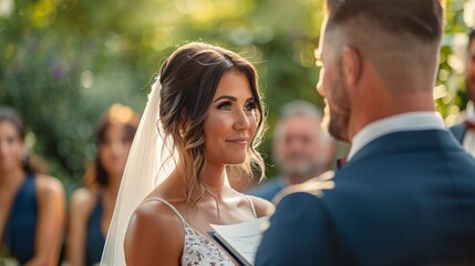 Naklejka premium Emotional exchange of vows between the bride and groom, highly detailed photograph