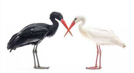 Fototapeta premium The black and white storks are face to face isolated on a transparent background