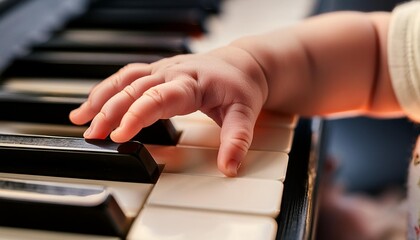 Fototapeta premium Baby playing on Piano Keys Infant playing an instrument. 