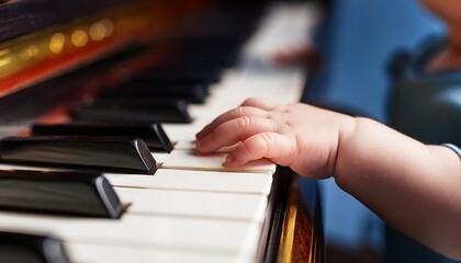 Obraz premium Baby playing on Piano Keys Infant playing an instrument. 