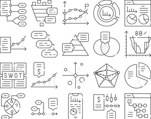 Data Analysis Diagram Collection Icons Set Vector. Financial And Swot Analysis, Economy And Business Analytics, Infographic And Chart Research Black Contour Illustrations