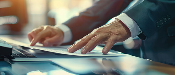 A person is using the copy machine to make a printed document, close-up of hand and printer with paper in office background