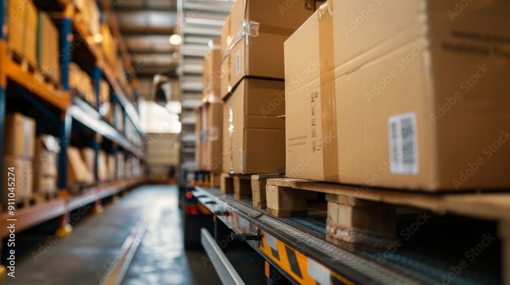 Poster the image captures neatly stacked boxes on a pallet within a busy warehouse, showcasing organized lo