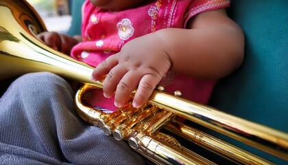 Baby playing on Trumpet
Infant playing an instrument. 