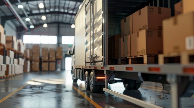 A trailer sits open in a well-lit warehouse loading dock, filled with various boxes, representing the crucial process of preparing goods for transport in a supply chain environment.