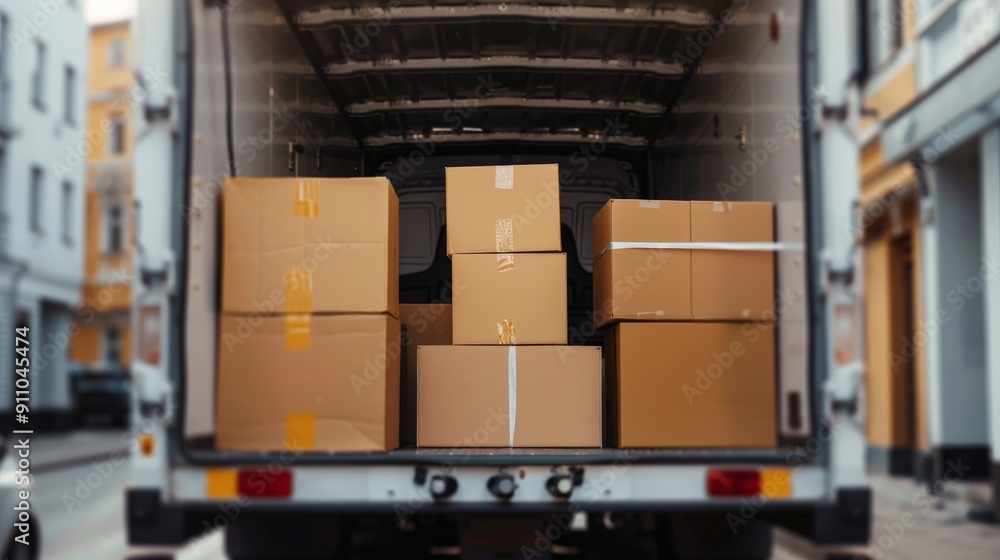 Poster a clean view of the open back of a truck, displaying several cardboard boxes of different sizes neat