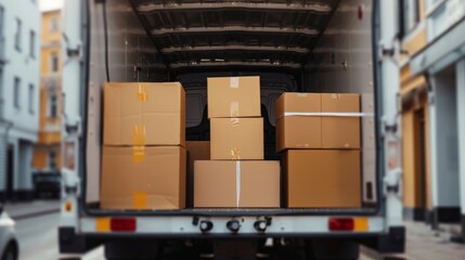 A clean view of the open back of a truck, displaying several cardboard boxes of different sizes neatly arranged and ready for transportation or delivery in an urban environment.