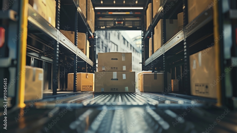 Poster a perspective from inside a truck showing neatly arranged cardboard boxes, offering a glimpse into t