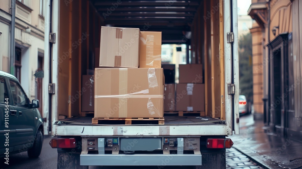 Poster a truck filled with varied packages stands open in a street setting, indicating a delivery in progre