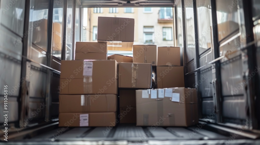 Aufkleber a view inside the back of a delivery van loaded with various packed boxes of different sizes, repres