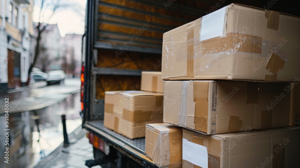 Aufkleber this image captures numerous cardboard boxes carefully loaded and stacked inside a truck, depicting 