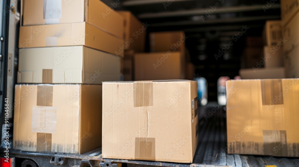 Aufkleber this image shows several cardboard boxes neatly stacked inside a delivery truck with its doors open,
