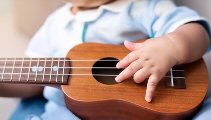 Fototapeta premium Baby playing on Ukulele Infant playing an instrument. 