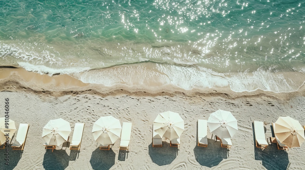 Poster a scenic beachside view showing several sun umbrellas neatly arranged along the shore, with gentle o