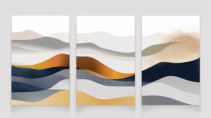 A set of three minimalistic abstract art posters with a continuous design, seamlessly connected across a white background for a modern look