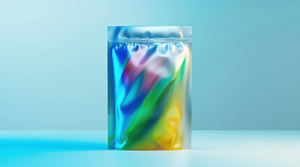 A vibrant design mockup of a silver stand-up pouch, featuring colorful abstract art with bold brushstrokes in shades of blue, green