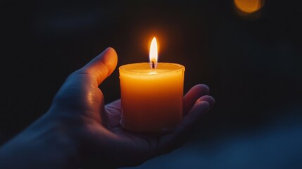 Hand Holding Lit Candle - Close Up, Symbol of Hope and Light