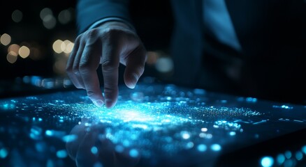 The professional analyzes data using a digital tablet in a high-tech office environment