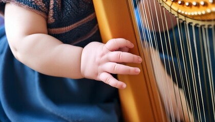 Baby playing on Harp
Infant playing an instrument. 