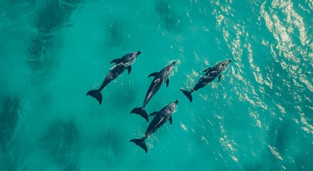 Obraz premium Pod of dolphins swimming gracefully in crystal clear ocean water, seen from an aerial view