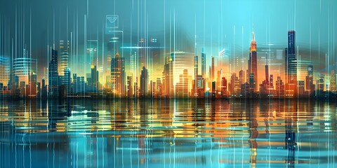 Abstract Cityscape with Water Reflection and Neon Lines