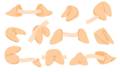 Chinese fortune cookies. Set, collection of food illustration. Crisp cookie with a blank piece of paper inside. Surprised message inside of bake. Chinese traditional food