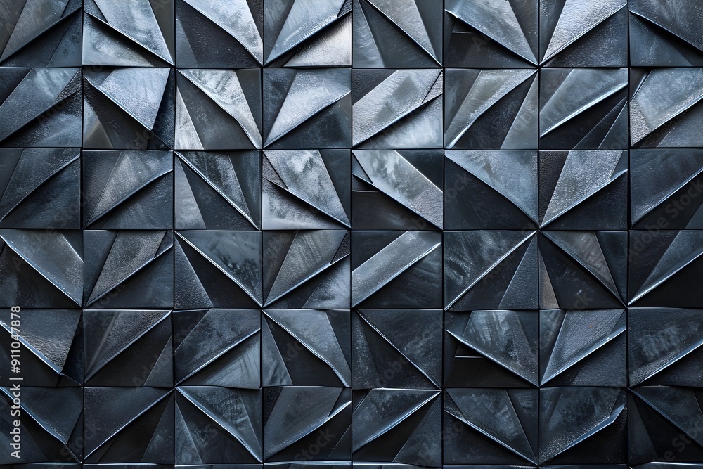 Poster a dark grey wall with an intricate geometric pattern, made of small triangular shapes arranged in pr