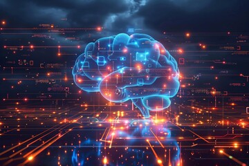 Futuristic brain representation with digital connections.