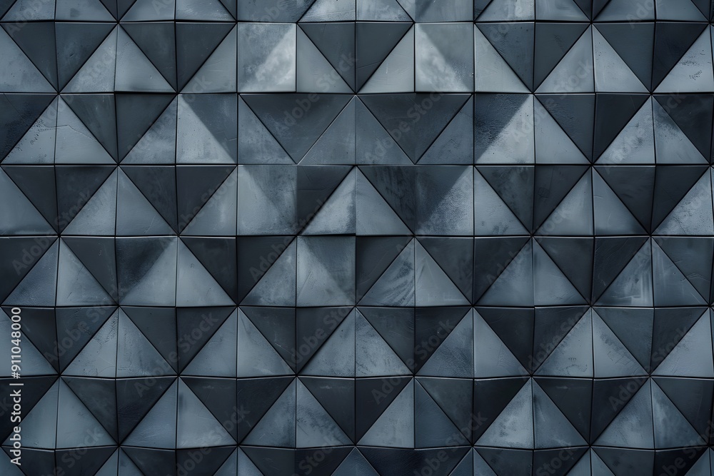 Poster a dark grey wall with an intricate geometric pattern, made of small triangular shapes arranged in pr