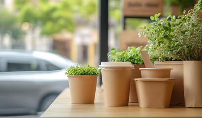 Paper food containers on a table with a car and window in the background, eco-friendly craftsmanship with naturalistic aesthetics