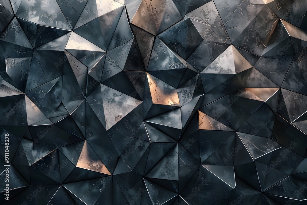 Poster a high-resolution, photorealistic image of an architectural wall made from dark grey triangular shap