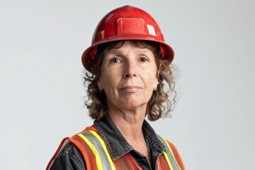Fototapeta premium An experienced woman with a serious expression wears a red hard hat and high-visibility vest, symbolizing professionalism and dedication in the construction workforce, ready for challenges.