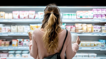 A woman shopping in a supermarket, choosing between various dairy products from a well-stocked refrigerator aisle.