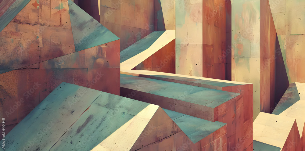 Poster abstract 3d render of geometric shapes and structures in orange and teal