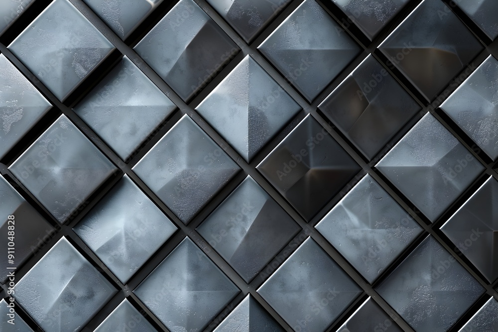 Poster a seamless pattern of dark grey metal tiles with light reflecting off the surface, creating an abstr