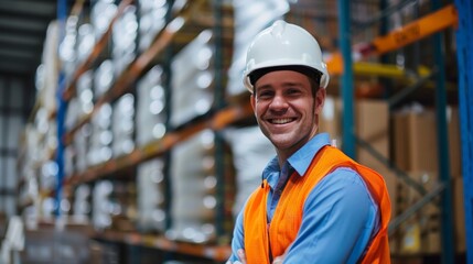 A male worker wearing a white hard hat and an orange safety vest smiles confidently in a warehouse filled with boxes and shelves, signifying enthusiasm and readiness at work.