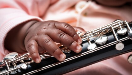 Fototapeta premium Baby playing on Oboe Infant playing an instrument. 